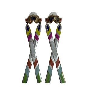 Ski Goggles & Crossed Skis Earrings Colorful Metal Crystal Accents Pre-Owned